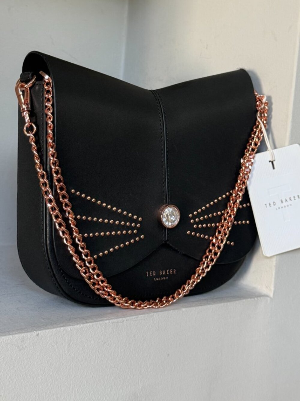 Ted Baker Black Crossbody Bag Rose Gold Crystal Studded Chain NWT $195